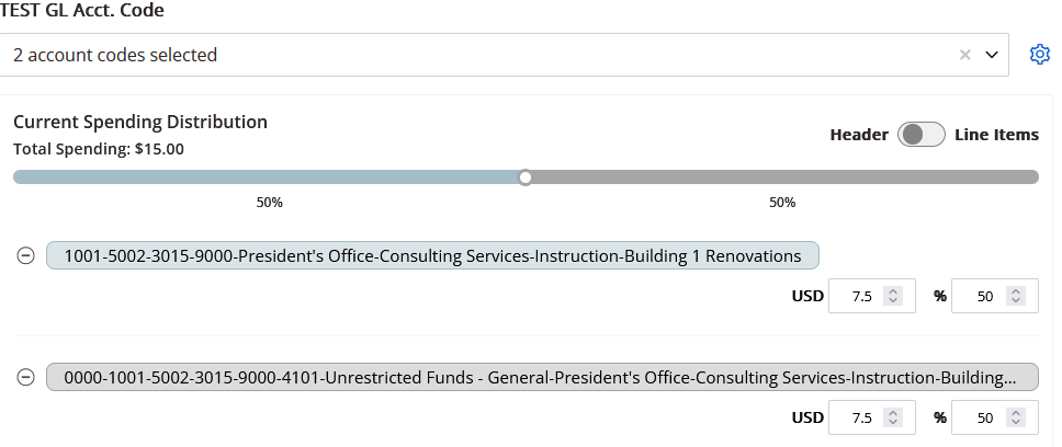 Figure 3: Account Code split toggle — use to distribute costs across multiple GL codes