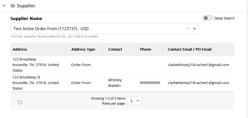 Figure 2: Supplier Name and Address view for requisition